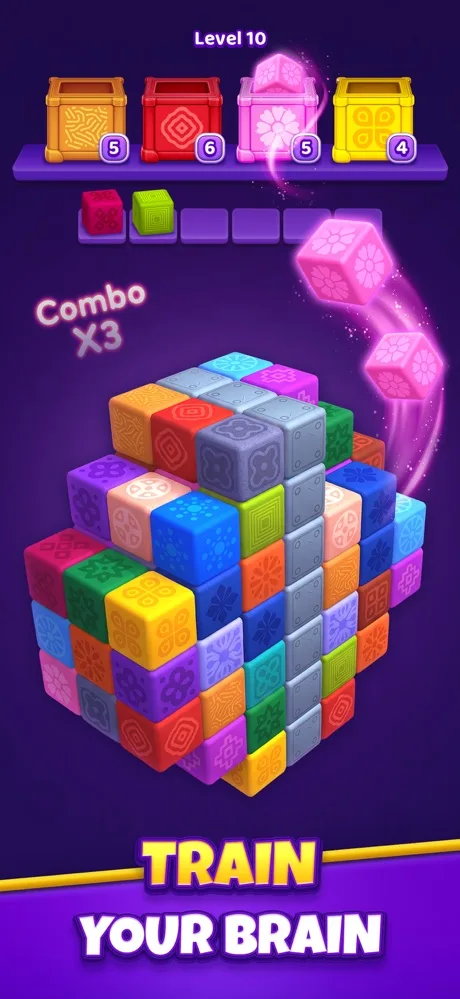 Cube Tap Sortのレベル10。カラフルなキューブの山と、上に並ぶ4つの色の箱