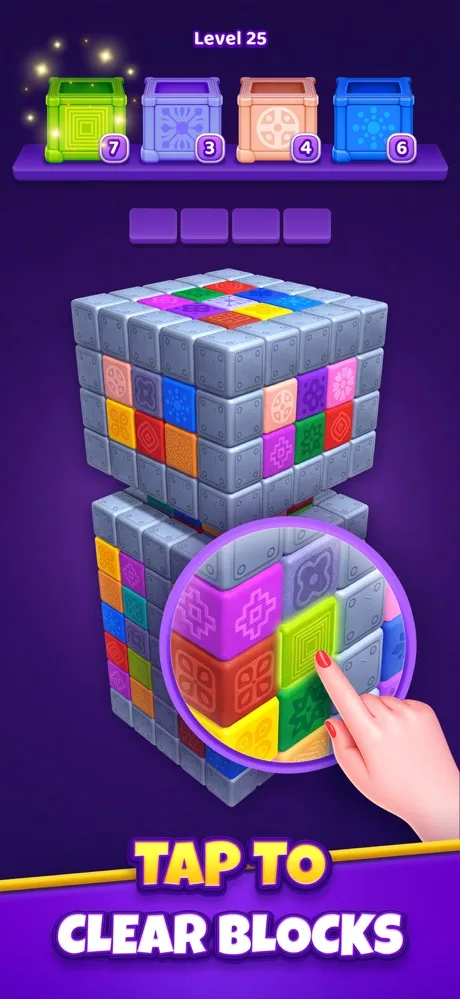 Cube Tap Sortのレベル25。グレーのブロックに囲まれた色つきのキューブをタップする画面