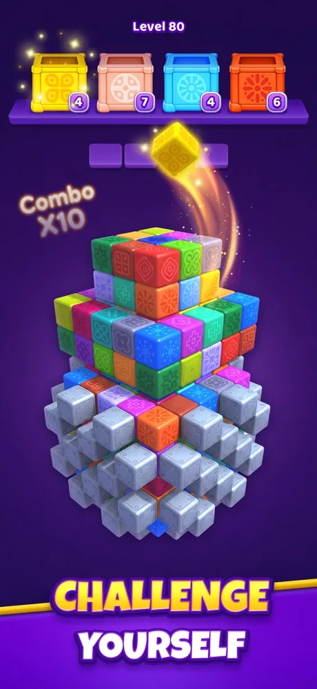 Cube Tap Sortのレベル80。コンボ10の表示とともに黄色いキューブが箱へ飛んでいく画面