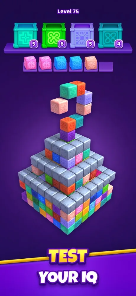 Cube Tap Sortのレベル75。グレーのピラミッドの上にカラフルなキューブが伸びる形の山