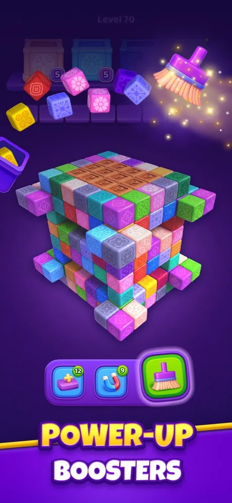 Cube Tap Sortのブースター画面。ほうきでバッファのキューブを片付ける演出と、下に並ぶ3つのブースターのアイコン