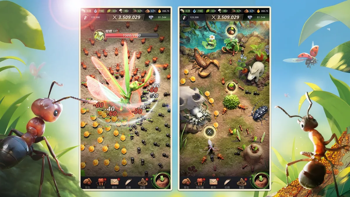 ザ・アンツのゲーム画面。アリの大群がカマキリと戦う画面と、マップで虫を探索する画面