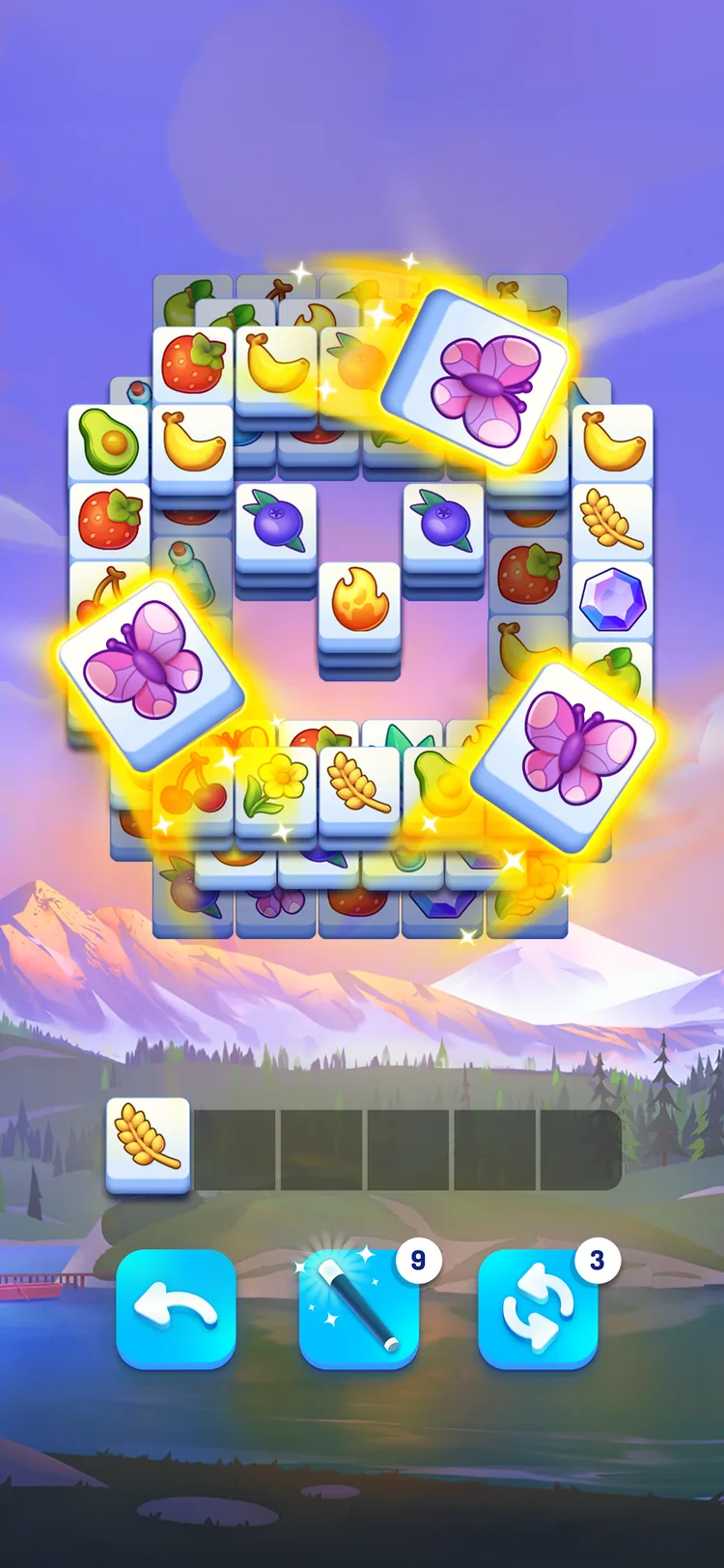 Triple Tileで蝶のタイルが光りながらトレイへ飛んでいく演出の画面