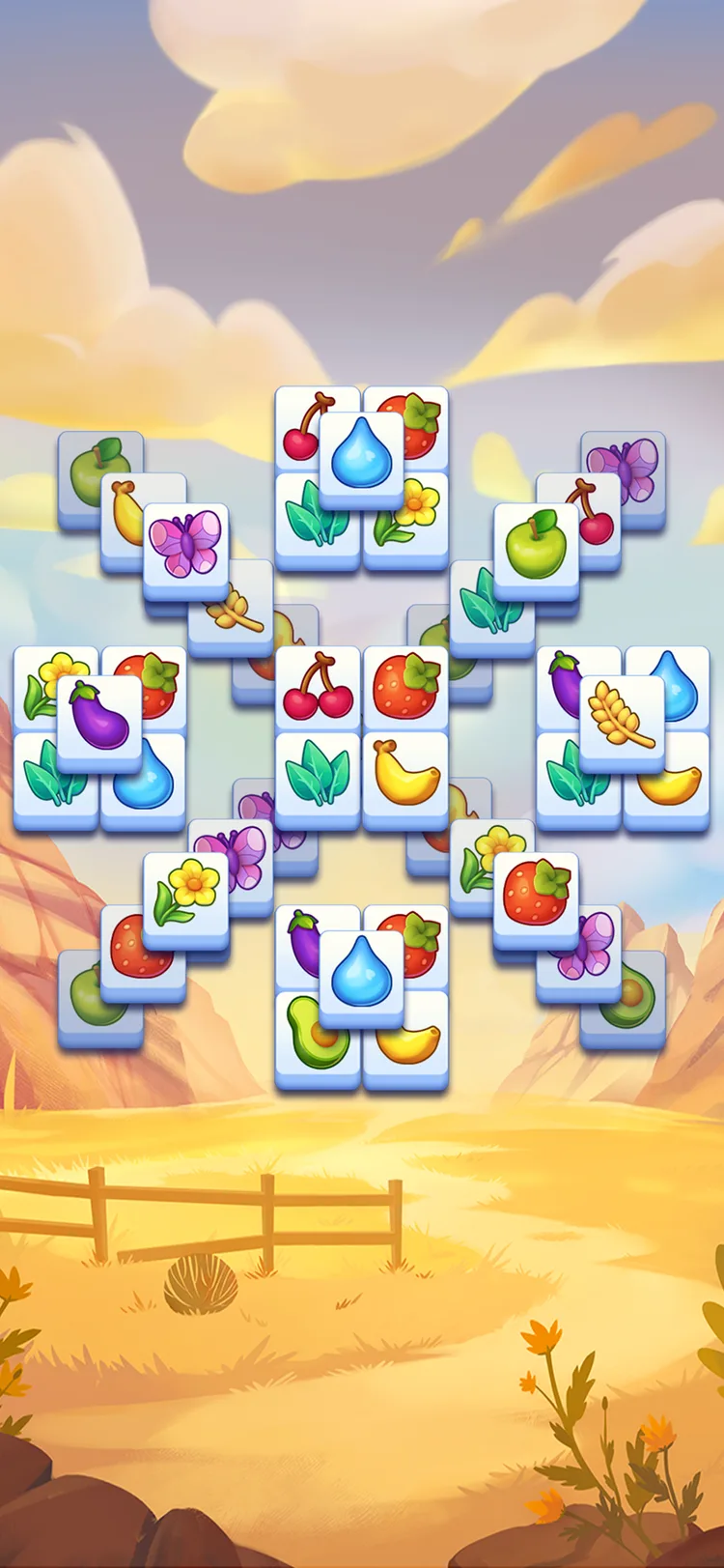 Triple Tileの砂漠の背景のステージ。柵のある景色の上に積まれたタイル